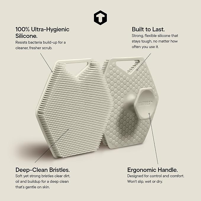 TOOLETRIES Body Scrubber 2.0 – Premium Silicone Scrubber for Cleaning, Exfoliating Your Skin – Extra Long Lather Boosting Bristles with Ergonomic Handle, Long-Lasting & Easy to Clean - Sand