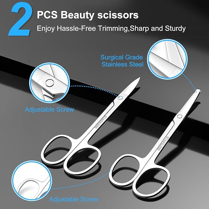 Men's and Women's Facial Hair Small Scissors, Eyebrow, Nose, Beard, Whisker, Eyelash, Ear Hair Trimming Set, Curved and Rounded Safety Tip Scissors for Haircutting 2pcs
