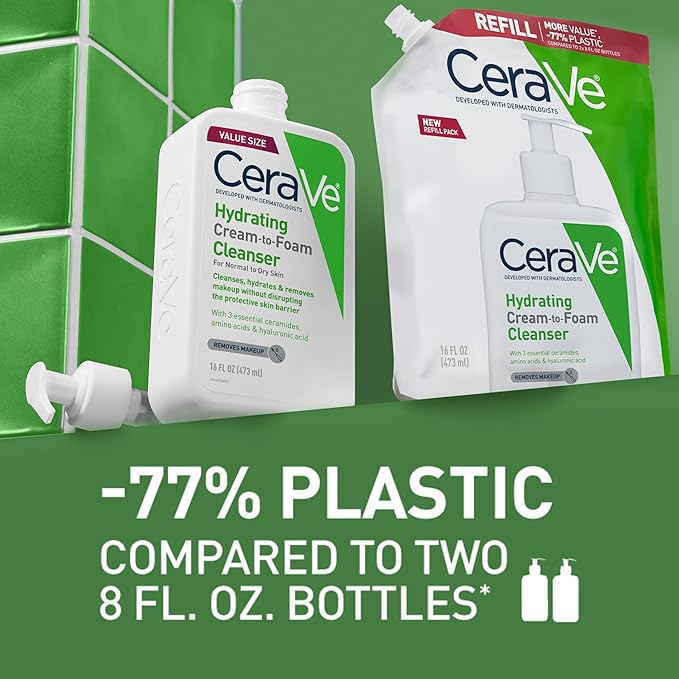 CeraVe Hydrating Cream To Foam Cleanser, Makeup Remover Face Wash For Dry Skin, Foaming Facial Cleanser With Hyaluronic Acid, Normal To Dry Skin, Fragrance Free & Non Comedogenic, 16 Ounce Refill