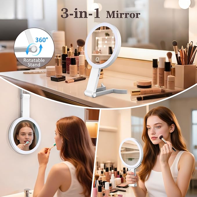 Travel Makeup Mirror with 3 Color Lights, 15X/1X Double Sided Lighted Magnifying Mirror, Portable Handheld Mirror, Gift For Women 3 in 1 Tabletop/Handheld/Hanging, Home, Office, Trip Gifts For Her