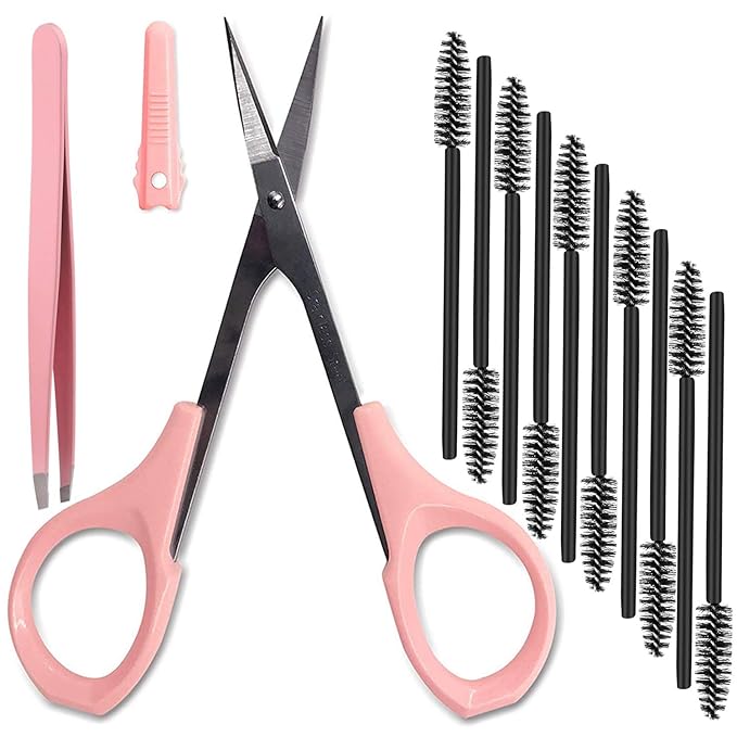 4" Curved Craft Scissors Stainless Steel Unisex Eyebrow Kit Eyebrow Scissors, Slant Tweezers And Eyebrow Brush for Eyebrow Eyelash Extensions Pink Set