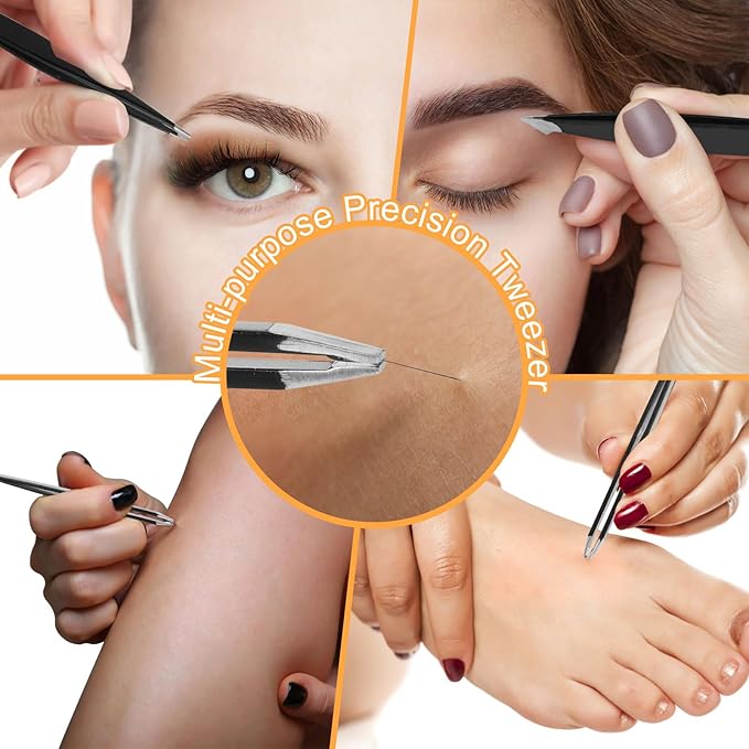 Yougai Tweezers Set,9 Pcs Professional Stainless Steel Tweezer Kit-Great Precision Tweezers for Daily Beauty Tools with Leather Travel Case as Stocking Stuffers Gifts