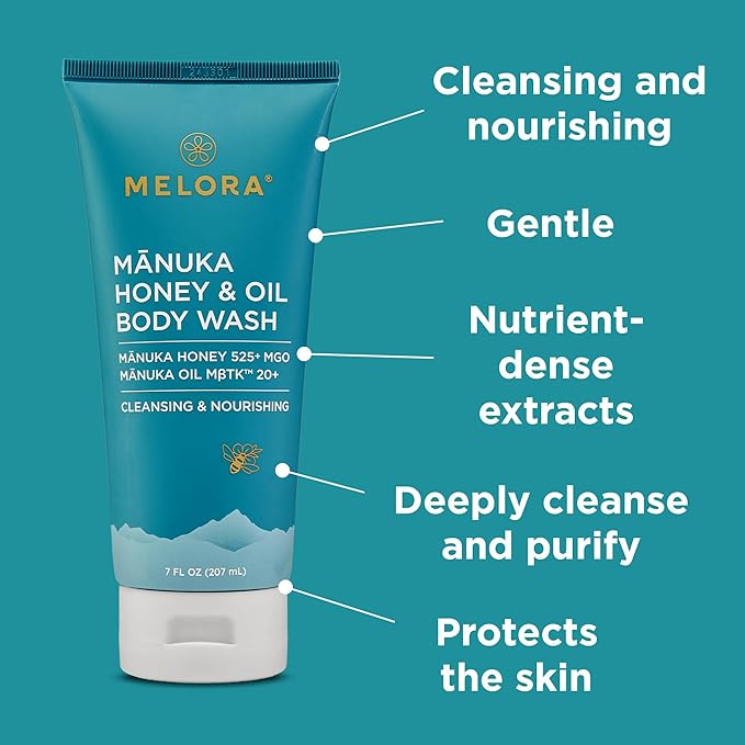 MELORA Manuka Honey Body Wash (7 Oz) - Moisturizing Skin Care Body Soap with Manuka Honey & Oil for Acne, Dry, or Sensitive Skin - Moisturizing Travel Size Shower Gel for Women & Men
