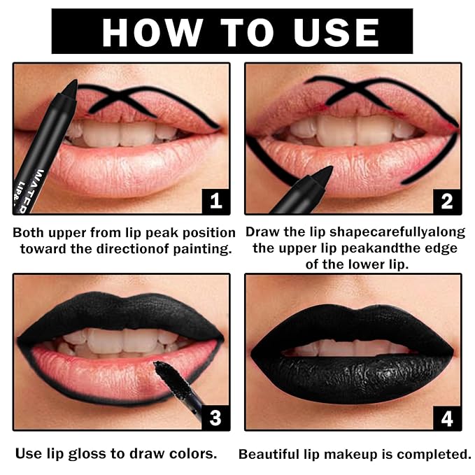 Black Lipstick Halloween Black Lip Liner Lip Kit,Matte Black Lipstick Long Lasting Smudge Proof,Velvet Black Lip Gloss Lip Stain,Non Stick Cup Black Liquid Lip Stick and Lip Pencil for Women