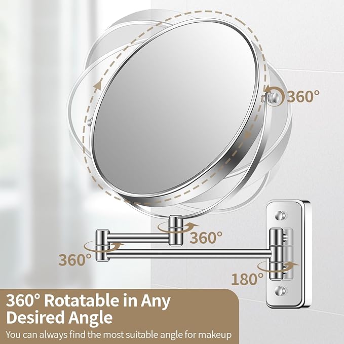 9” Large Wall Mounted Makeup Mirror 1X/7X Double-Side Bathroom Magnifying Mirror 360 Swivel Vanity Mirror Extendable Shaving Wall Mount Cosmetic Mirror for Men and Women, Chrome