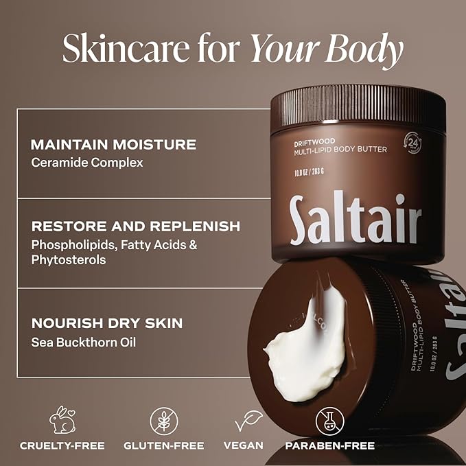 Saltair Multi-Lipid Body Butter - Rich, Nourishing Hydrating Body Cream with Ceramide Complex, Coconut Oil, Shea Butter, and Sea Buckthorn. Moisturizing Dry Skin Care. 10oz Jar - Driftwood