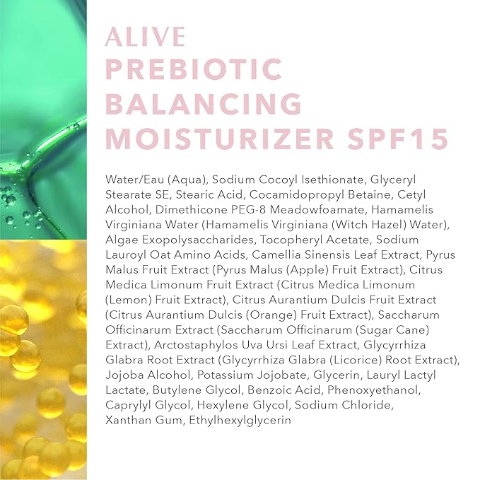 Algenist ALIVE Prebiotic Balancing Moisturizer SPF15 - Moisturizing Mineral Sunscreen for Face, Neck & Chest with Prebiotics & Probiotics - Zinc Oxide Facial Sunscreen (1.7 oz)