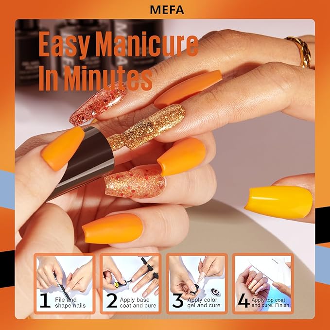 MEFA Fall Gel Nail Polish Set, 12 Colors Orange Burgundy Red Gel Polish Set Flash Dark Red Glitter Nail Polish Shimmer Nude Brown Blue Yellow Nail Gifts for Women Girl DIY Salon Home Spring Summer