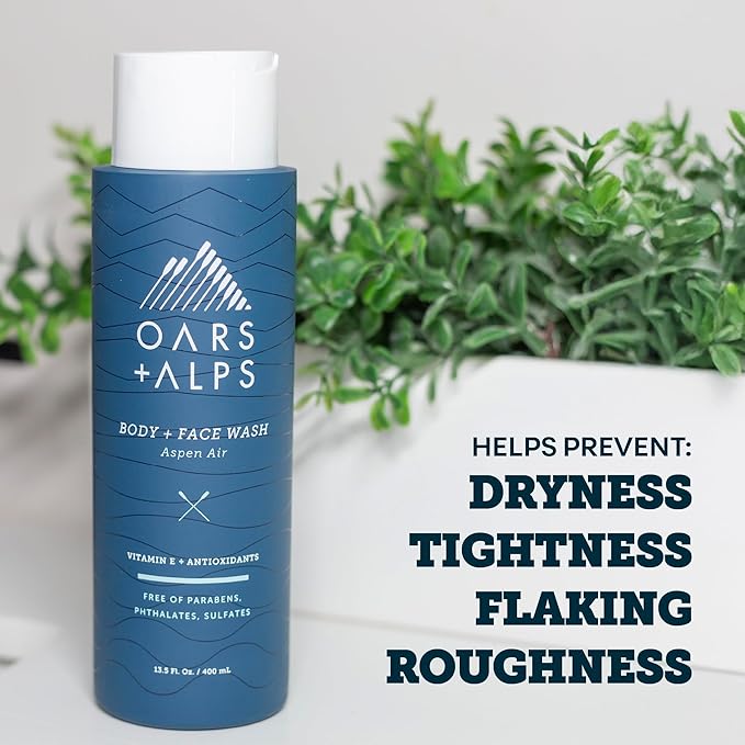 Oars + Alps Body and Face Wash for Men, Mens Body Wash & Face Cleanser with Vitamin E and Antioxidants, Moisturizing, Hydrating, Paraben & Sulfate Free Cleanser, Aspen Air, 3pk