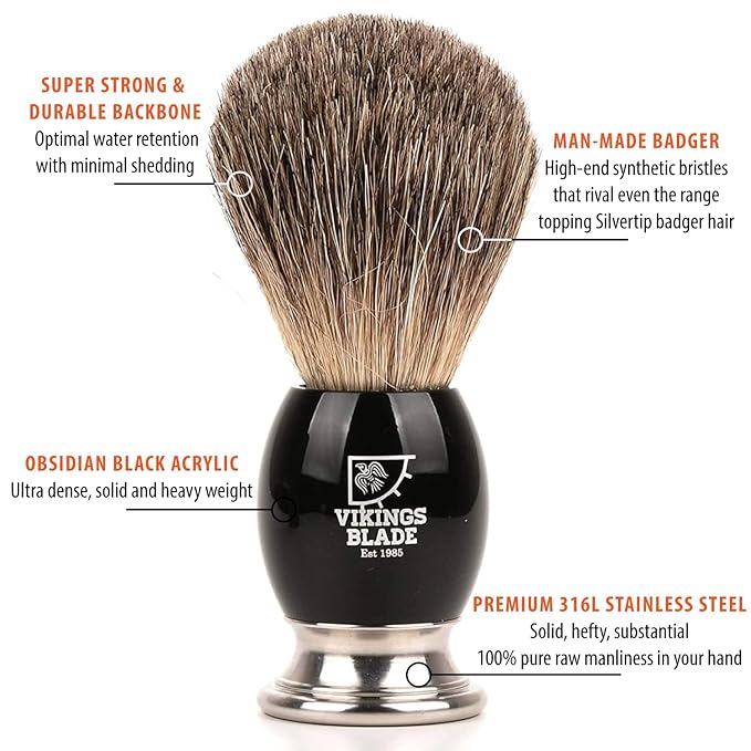 Luxury Shaving Brush for Men by VIKINGS BLADE, Ultra Heavy Acrylic & 316L Steel Handle, Super Strong Knot Backbone, Minimal Shedding, Fast Lather, Extremely Smooth & Plush on Skin (Dark Stallion)