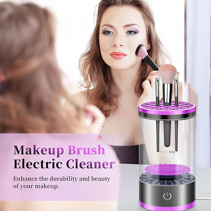 Electric Makeup Brush Cleaner, Quick Efficient Machine for Deep Cleaning All Types of Brushes, Portable Compact Design for Travel Home Use, for Makeup Lovers & Professionals - Purple