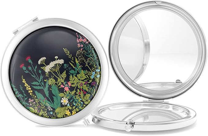 Nipichsha Compact Mirror, Pocket Travel Makeup Mirror, 2 - Sided 2X / 1X Magnification, Small Folding Portable Handheld, 2.75 in Silver, Dandelion