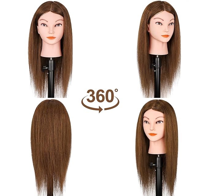 Mannequin Head with 100% Real Human Hair, Beauty Star Manikin Doll Head for Hair Styling, Cosmetology Hairdressing Training Practice Head with Clamp Stand and Braiding Accessories Kit (18" Dark Brown)