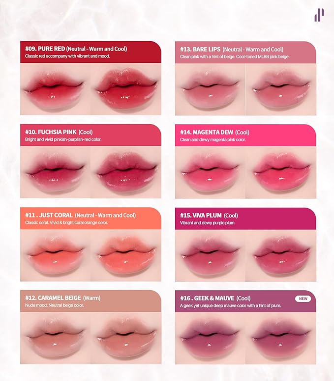 Heart Percent Dote On Mood Pure Glow Tint, Watery & Lightweight Moisturizing Lip Stain Long Lasting Liquid Lipstick 6.8g, #16.Geek & Mauve