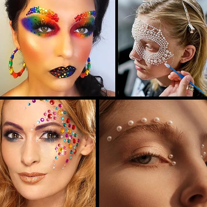 Flat Back Rhinestone+Half Round Pearl Kits Colorful Rhinestones+White&Beige Pearls with Quick Dry Makeup Glue+Picker Pencil+Tweezer for Nail Art and Face Make-up