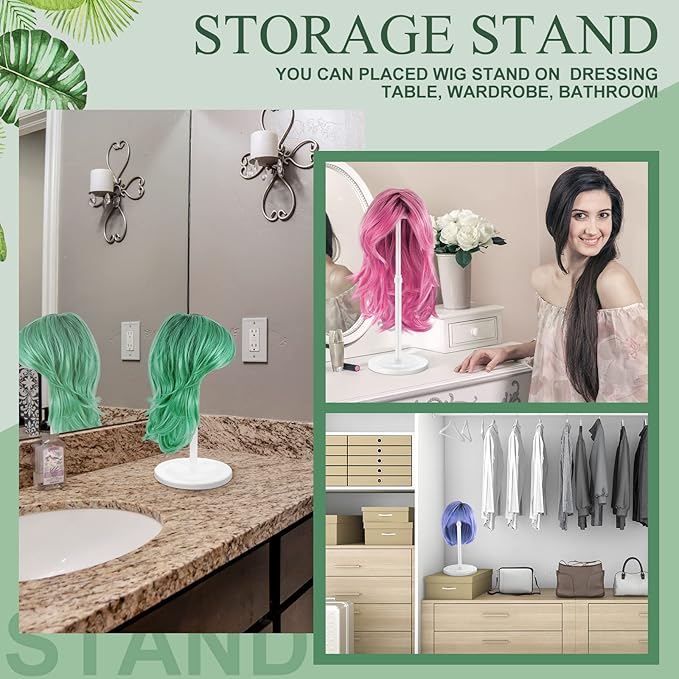 Tatuo 8 Pcs Wig Stand, 9.8"-18.9" Adjustable Height Wig Head Holder Portable Hat Display Stand Travel Storage Holder for Multiple Styling Practice DIY Non Slip Stable(White)