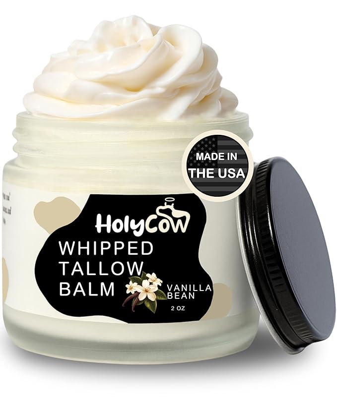 HolyCow Beef Tallow For Skin - Whipped Tallow Balm with Organic Jojoba Oil, Grass Fed Beef Tallow Face Moisturizer for Eczema, Baby, Lip Balm - Lotion For Extremely Dry Skin (Vanilla Bean)