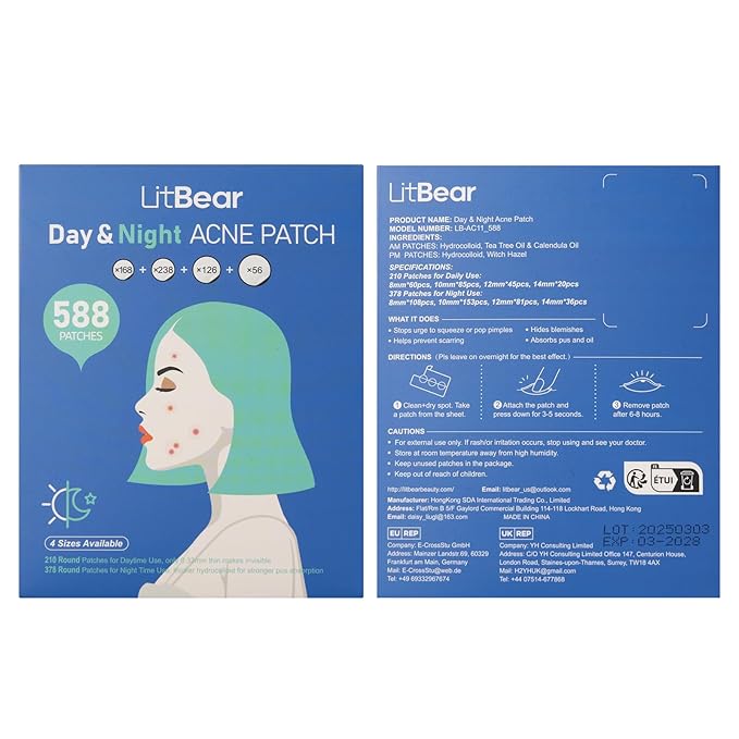 LitBear Acne Pimple Patches- Day and Night 4 Sizes 588 Dots Thin & Thick Hydrocolloid Patches with Witch Hazel, Tea Tree & Calendula Oil, Extra Adhesion for Face Zit Patch Dots
