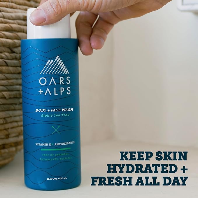Oars + Alps Body and Face Wash for Men, Mens Body Wash & Face Cleanser with Vitamin E and Antioxidants, Moisturizing, Hydrating, Paraben & Sulfate Free Cleanser, Alpine Tea Tree, 2pk