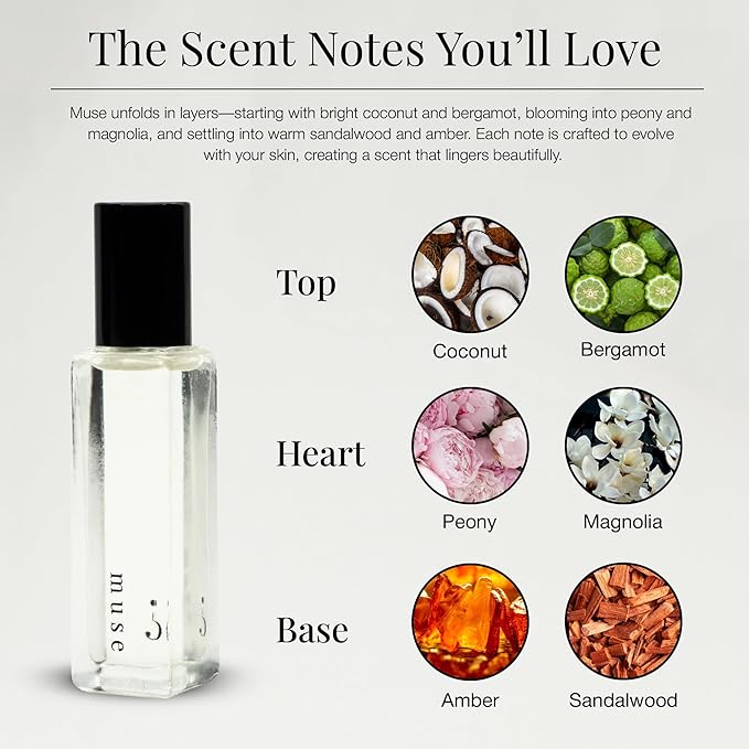 Riddle Oil Muse Roll On Fragrance Perfume - Fruity Citrus Floral Mini Rollerball Fragrances for Women - Coconut, Peony, Magnolia, Bergamot, Sandalwood, and Amber