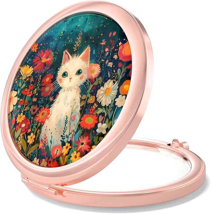 Nipichsha Compact Mirror, Pocket Travel Makeup Mirror, 2 - Sided 2X / 1X Magnification, Small Folding Portable Handheld, 2.75 in Rose Gold, Pretty Flowers Cat