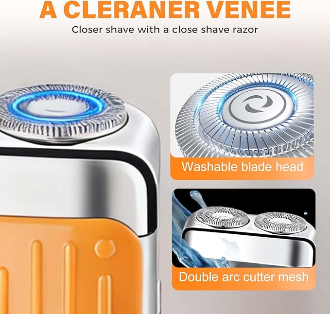 2026 New Mini Electric Shaver, Portable Rotary Dual Ring Electric Shaver, Waterproof Rechargeable Razor Mini Wet Dry Shaving Razor for Travel Home Use (Orange)