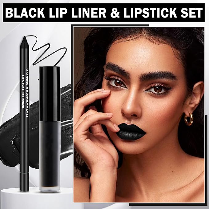 Black Lipstick Halloween Black Lip Liner Lip Kit,Matte Black Lipstick Long Lasting Smudge Proof,Velvet Black Lip Gloss Lip Stain,Non Stick Cup Black Liquid Lip Stick and Lip Pencil for Women