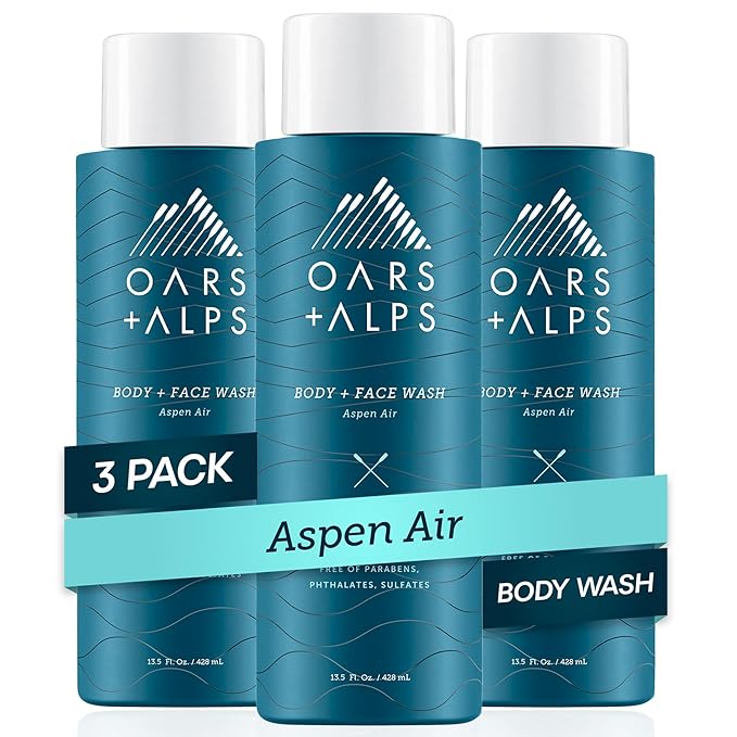 Oars + Alps Body and Face Wash for Men, Mens Body Wash & Face Cleanser with Vitamin E and Antioxidants, Moisturizing, Hydrating, Paraben & Sulfate Free Cleanser, Aspen Air, 3pk