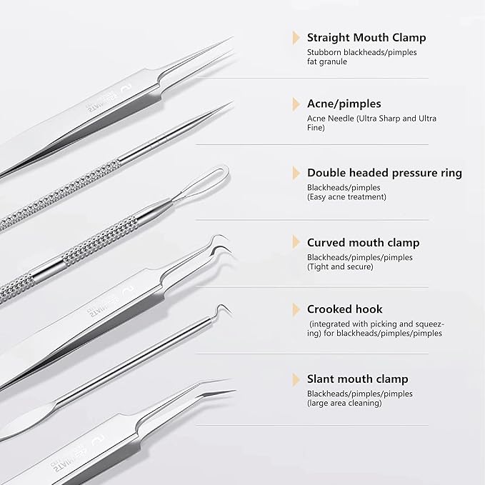 9 - Piece Stainless Steel Acne Tool Set - Complete Kit with Ultra - Sharp Tweezers, Needles for Effective Blackhead & Acne Removal