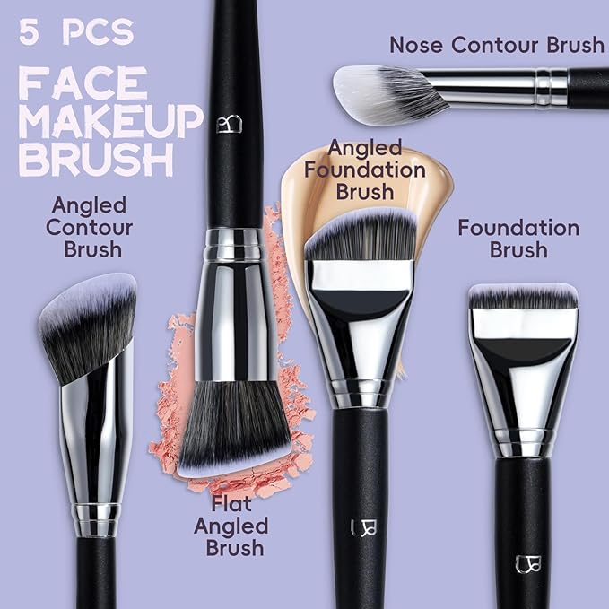 BS-MALL 5 Pcs Professional makeup brush set with Ultra-soft 4 Triangle Puffs - eyeshadow Brush, concealer Brush, blush brush & foundation brush - Multi-functional beauty Tools for Daily Use