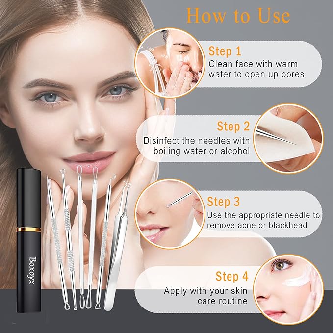 Pimple Popper Tool Kit - 6 Pcs Blackhead Remover Comedone Extractor Tool Kit with Metal Case for Quick and Easy Removal of Pimples, Blackheads, Zit Removing, Forehead, Facial and Nose(Silver)