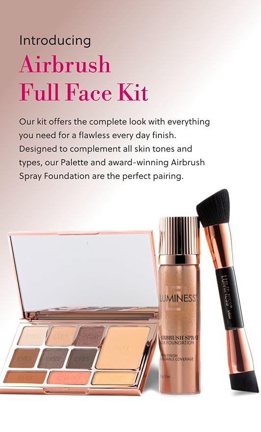 LUMINESS Face Time All In One Makeup Kit - Includes Face Palette, Airbrush Foundation, and Makeup Brush - Long-Wearing, Silky, Soft, Easy to Blend, 3-PC Make Up Set (02 - Fair)