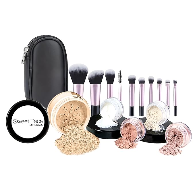 16pc Beginner Mineral Makeup STARTER KIT with 10 BRUSH SET (5gm) Sample Size Foundation, Primer, Blush, Bronzer, Setting Powder for Learning, Occasional Use & First Time Users, Travel Size Kit (Warm)