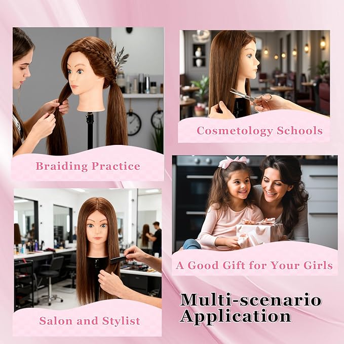 Beauty Star Mannequin Head with 100% Real Human Hair -18inch Doll Styling Head for Braiding Practice & Cosmetology Training, Updos, Manikin Head Includes Clamp Stand（Dark Brown Hair and Blue Eyes)