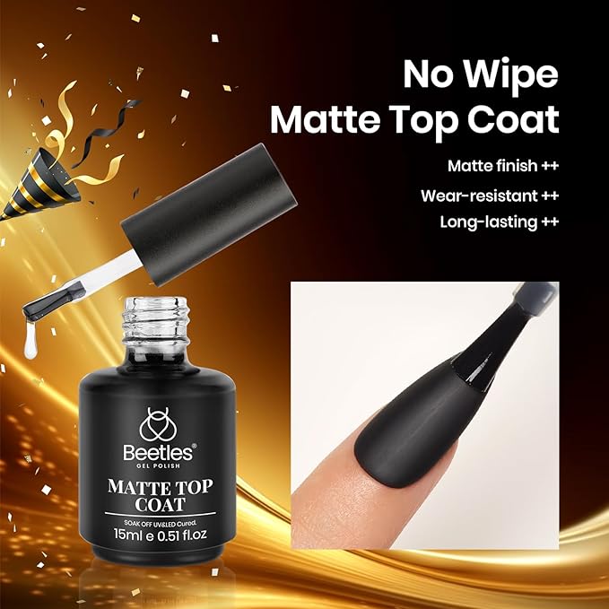 Beetles Matte Gel Top Coat for Gel Nail Polish,15ML Chrome Proof Matte Top Coat No Wipe Powder-Resist Matte Finish for Detail Chrome Powder Painting and Long Lasting Fall Nail Gifts for Women