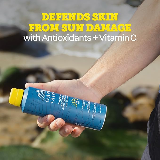 Oars + Alps Sunscreen Spray for Face & Body Spray Sunscreen Infused with Vitamin C & Antioxidants, No White Residue, Water & Sweat Resistant, All Skin Types, Lightweight, Hydrating, SPF 70, 6 Oz, 1pk