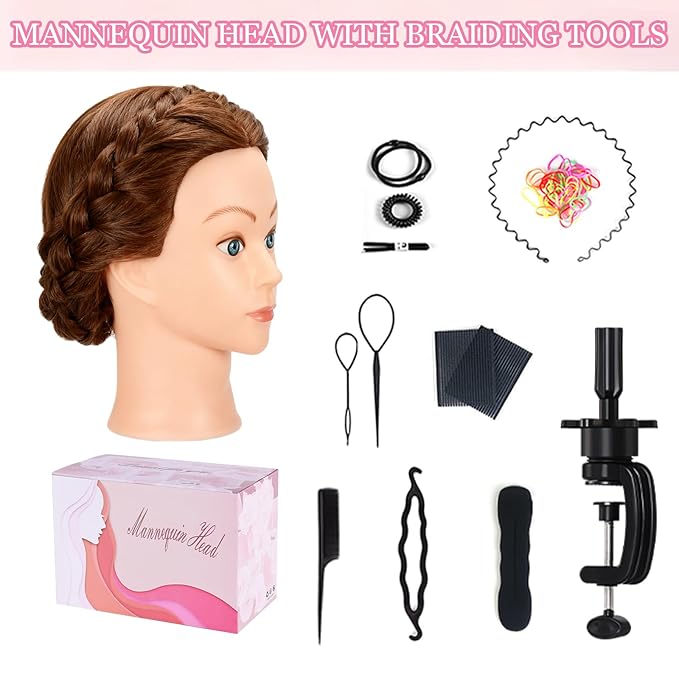 Beauty Star Mannequin Head with 100% Real Human Hair -18inch Doll Styling Head for Braiding Practice & Cosmetology Training, Updos, Manikin Head Includes Clamp Stand（Dark Brown Hair and Blue Eyes)
