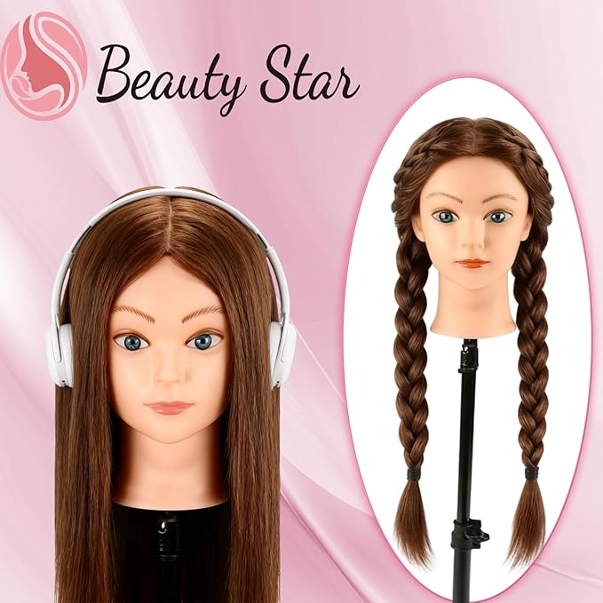 Beauty Star Mannequin Head with 100% Real Human Hair -18inch Doll Styling Head for Braiding Practice & Cosmetology Training, Updos, Manikin Head Includes Clamp Stand（Dark Brown Hair and Blue Eyes)