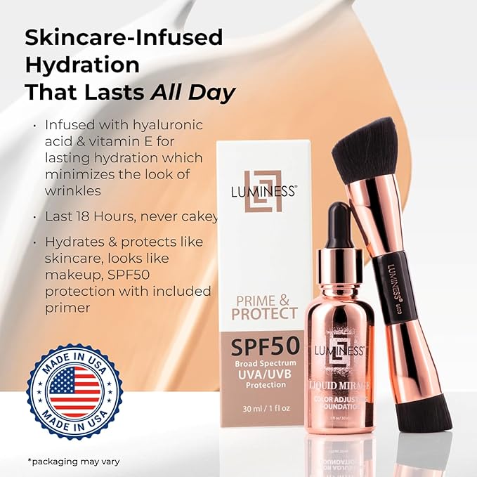 LUMINESS Liquid Mirage 3PC Kit - Color Changing Foundation with SPF 50 Primer & Makeup Brush, Hydrating & Lightweight Face Makeup, 4 in 1 Liquid Foundation, Concealer & Moisturizer (03 Tan)