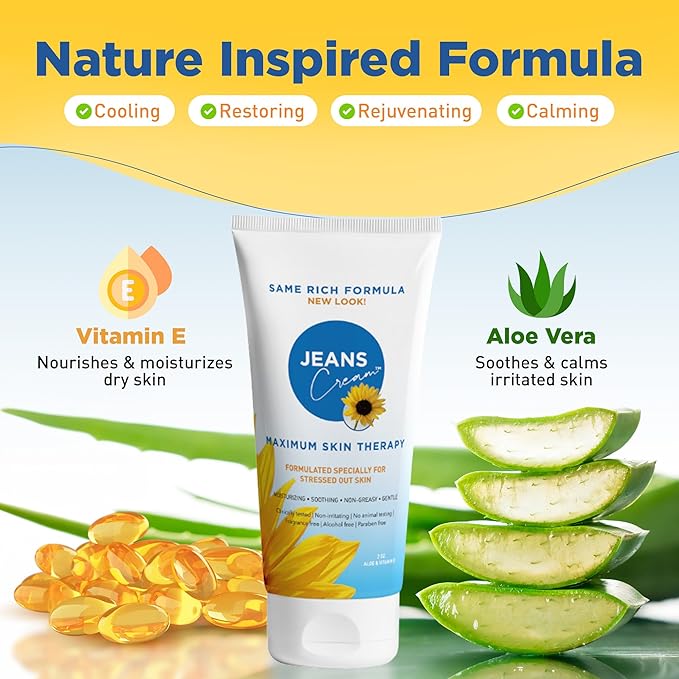 Jeans Maximum Skin Therapy Cream with Aloe & Vitamin E. Moisturizing Cream for Dry & Sensitive Skin affected by many causes such as Radiation Treatment, Sunburn, Itchiness & Redness. 2oz