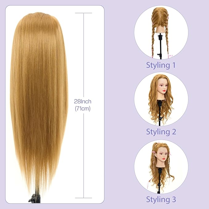 Mannequin Head with 90% Real Human Hair - 28 Inch Makeup Cosmetology Manikin Doll Head for Hair Styling, Training Practice Braiding Mannequin Head with False Eyelashes Hair Styling Set