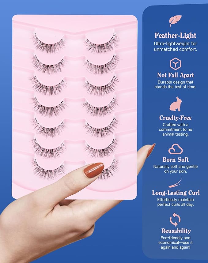 Lashes Natural CLear Band Wispy False Eyelashes Natural Look Flared Strip Eyelash False Eye Lash Soft 7 Pairs Everyday C15