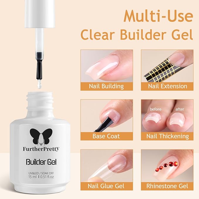 Builder Gel Nail Kit, 3PCS Set 15ml No Wipe Top Coat, Base Coat, and Nail Glue Gel for Nail Extension, UV LED Soak Off Gel Nail Polish Kit for Home Manicure and Professional Salon Use