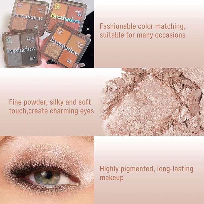 Eyeshadow Quads, Light Brown Glitter Eye Enhancers Eyeshadow Palette, Metallic and Shimmer Magic Eyeshadow, Velvety Pigmented Creamy Formula, Four Way Quad Eye Shadow Palette For Old Women