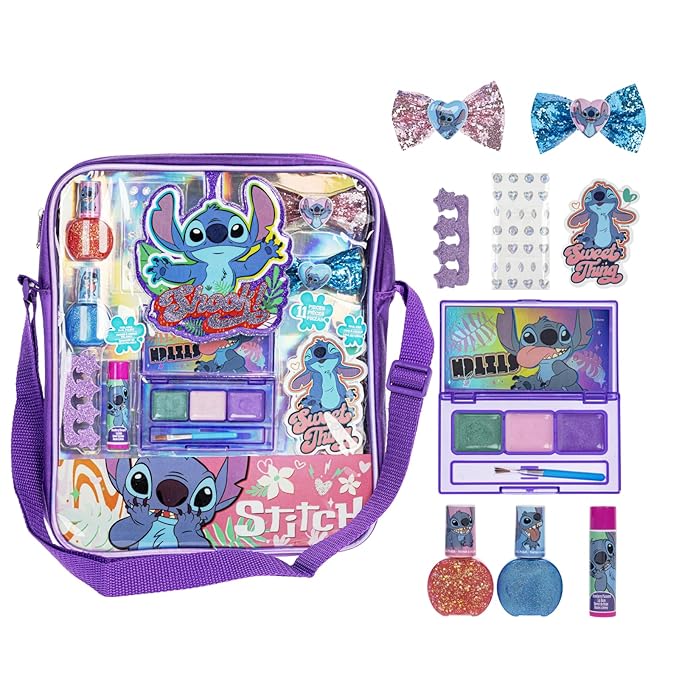 Disney Lilo and Stitch Makeup Filled Shoulder Bag Includes Lip Gloss, Nail Polish, Hair Bow & More! for Girls, Ideal for Ages 3 and Up Perfect for Parties & Makeovers by Townley Girl