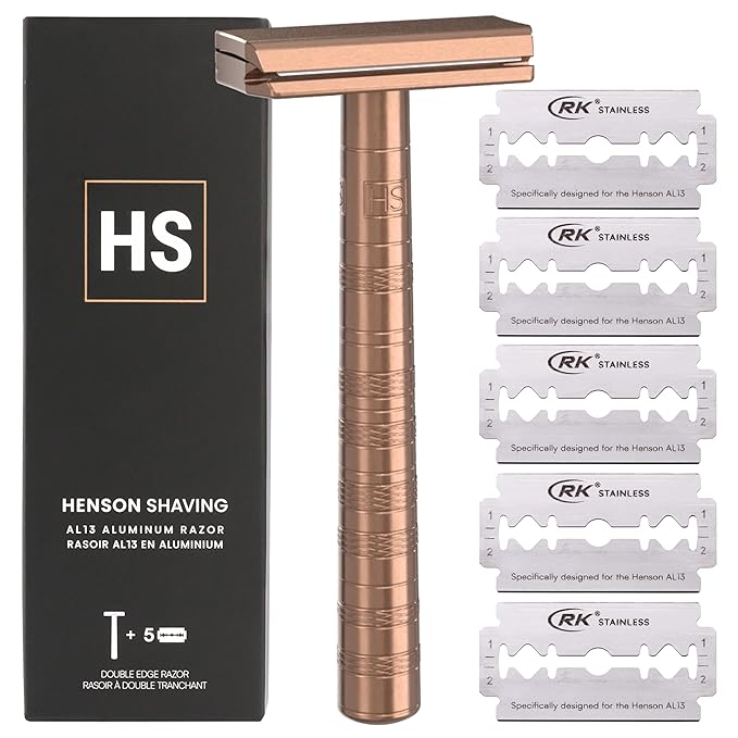 Henson Shaving Razor - Copper Double Edge Safety Razor with 5 Spare Blades - 30° Angled Precision With Superior Blade Rigidity- Reusable Single Blade Razors For Men and Women - Mild Aggression