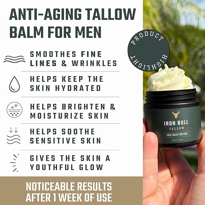 Iron Bull Beef Tallow Face Moisturizer for Men. Anti-Aging With Hyaluronic Acid for Wrinkles. Grass-Fed Beef Tallow Skin Balm & Jojoba Oil for All Skin Types. Natural Formula With a Clean Scent - 2 oz