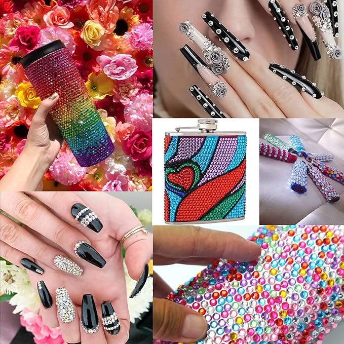 Flat Back Rhinestone Kits Colorful Rhinestones+Crystal AB&Transparent White Face Gems Nail Gem with Quick Dry Makeup Glue+Picker Pencil+Tweezer for Bedazzling Face Makeup and Nail Art