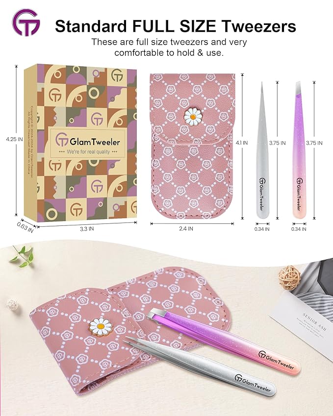 Expert Slant and Point Tip Tweezer Set with Exclusive Storage & Carrying Case, GlamTweeler Sharp & Precision Tweezer Set for Eyebrows, Facial Hairs and Fine Hairs Removal (Sparkle Violet + Silver)