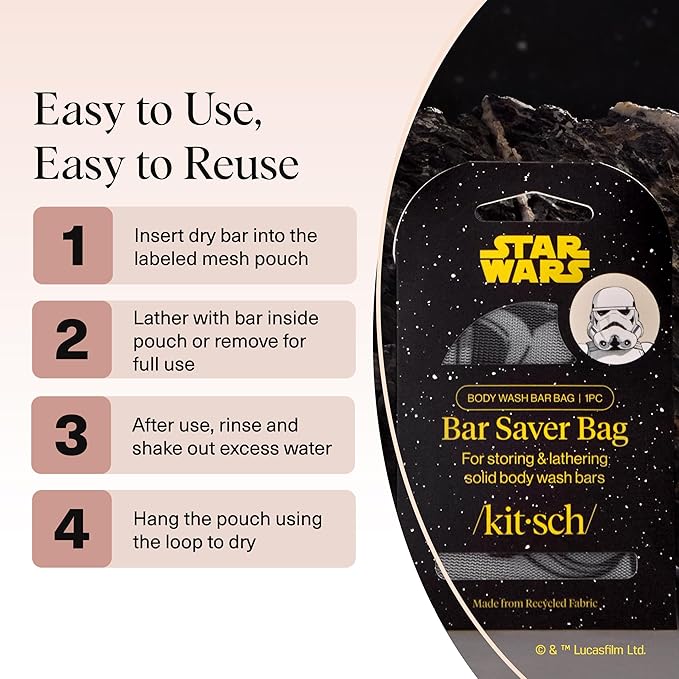 Kitsch x Star Wars Stormtrooper Soap Saver Bag – Patented Mesh Bag Soap Holder for Body Wash Bar - Extends Use & Prevents Soggy Mess - Recycled Mesh Beauty Pouch, Eco-Friendly